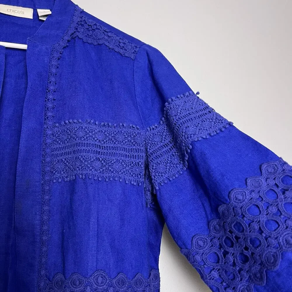 Chico's Women's Linen Lace Embroidered Open Front Blouse Sz L Blue Bright Boho